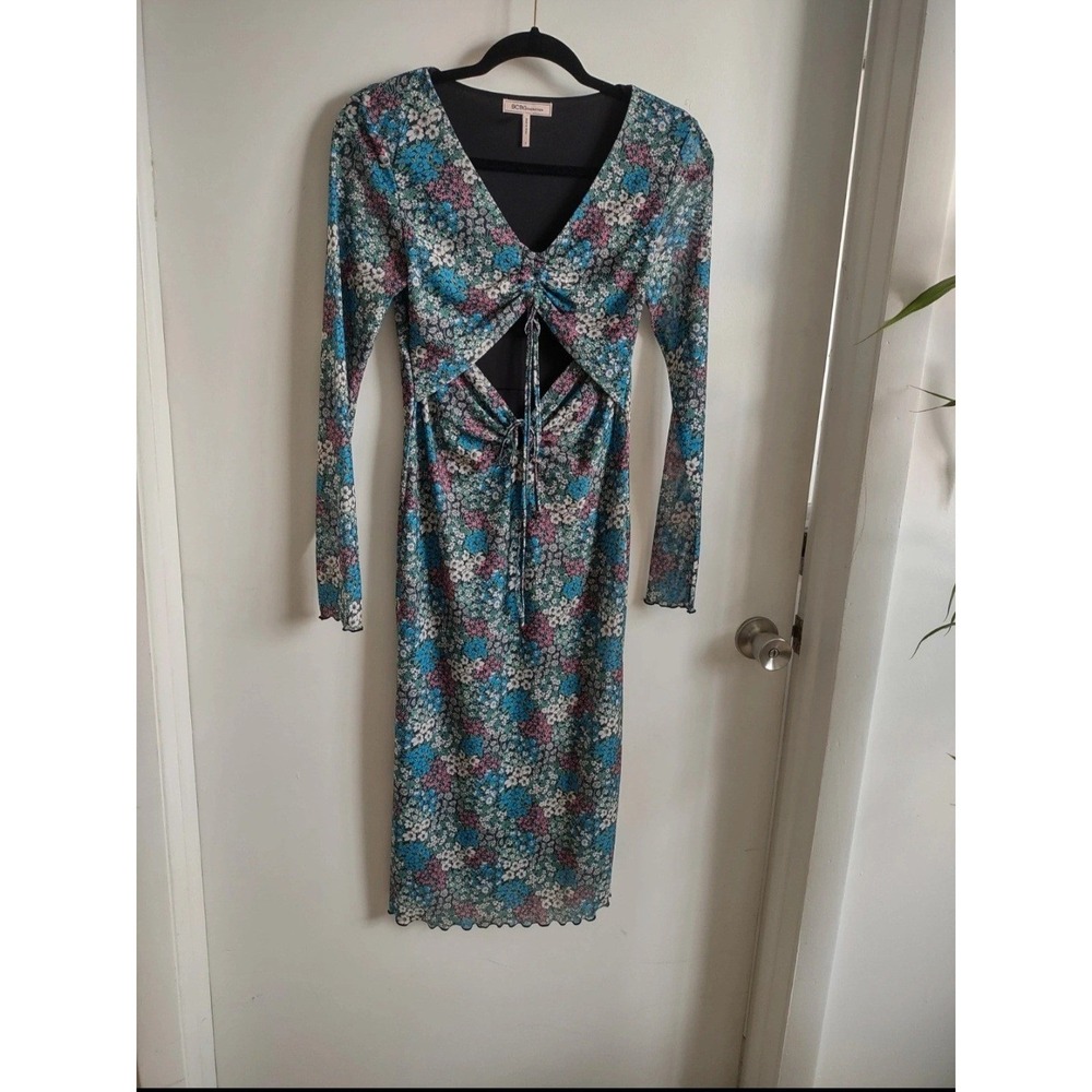 BCBGeneration Floral Mesh Cutout Ruched Midi Dress Blue Pink Green Size T Small - Picture 1 of 7